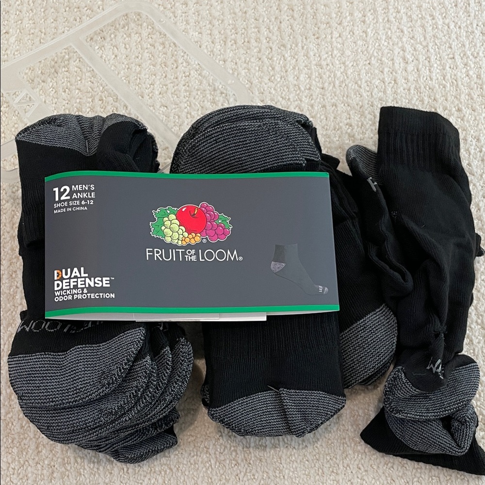 Fruit of the Loom Men's Black & Gray Athletic Ankle Socks - 12 Pack